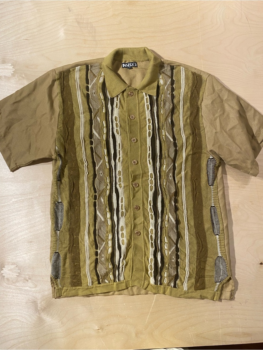 INSERCH Olive Green Textured Button-Up Short Sleeve Shirt Large (SF)